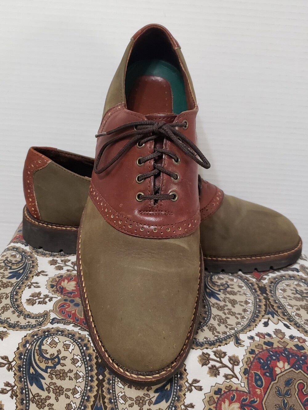 H.S.Trask Mens Loden Green Nubuck Brown Leather Saddle Oxford Shoes 11M